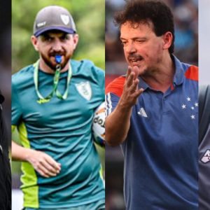 Cuca (Atlético), William Batista (América), Fernando Diniz (Cruzeiro) e Roger Silva (Athletic), experiência a serviço de suas equipes - Foto: AFP - Mourão Panda/América - AFO - Divulgação/Athletic