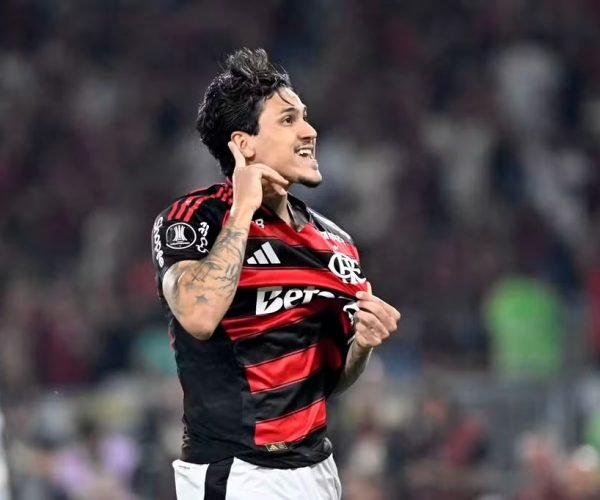 Pedro comemora seu 26º gol na Libertadores vestindo a camisa do Flamengo - Foto: André Durão/ge